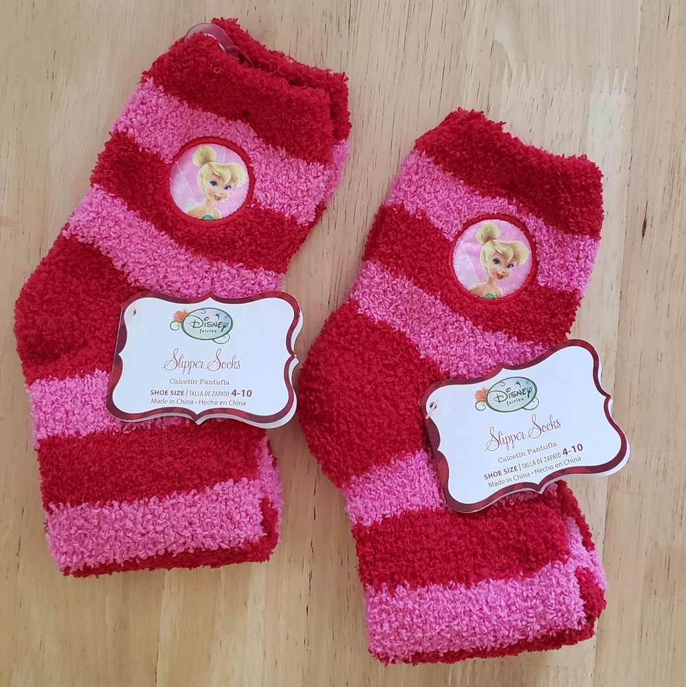 Disney Fairies Red and Pink Cozy Striped Slipper Socks.   2 Pair